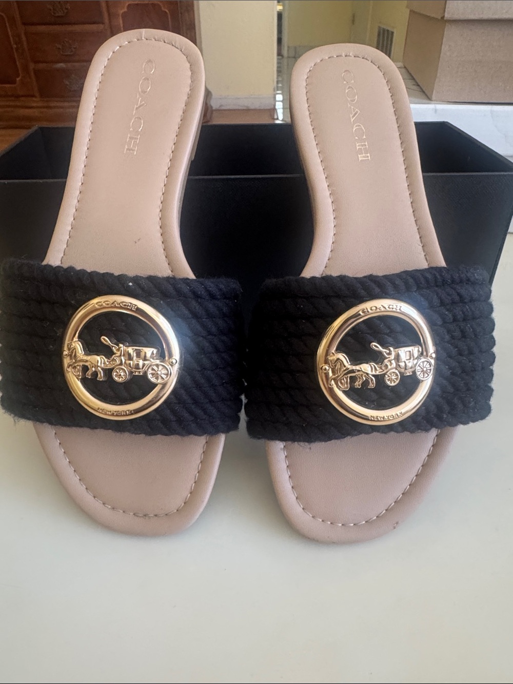 Coach Black Rope Slide Sandals with Gold Coach Medallions